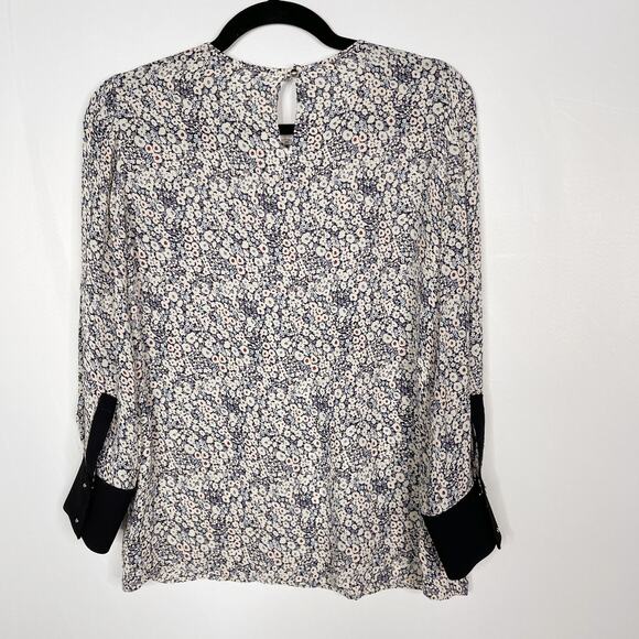 Derek Lam 10 Crosby Womens 4 Blue Ivory Floral Silk Windowpane Blouse Keyhole - Picture 2 of 12